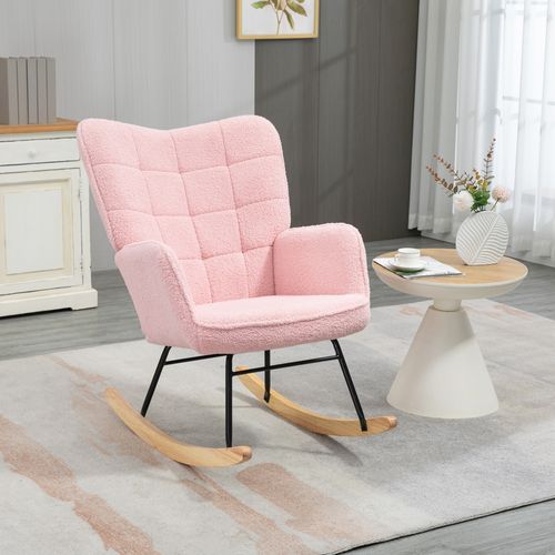 Fauteuil à Bascule, Rocking Chair Pieds En Bois, Tissu Imitation Laine, Fauteuil De Salon, Rose
