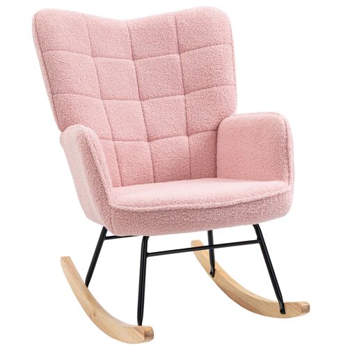 Fauteuil à Bascule, Rocking Chair Pieds En Bois, Tissu Imitation Laine, Fauteuil De Salon, Rose