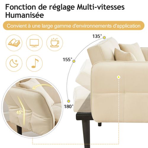 Canapé Convertible 2 Places 176x78x76cm, Banquette Clic Clac 2 En 1, Tissu, Beige