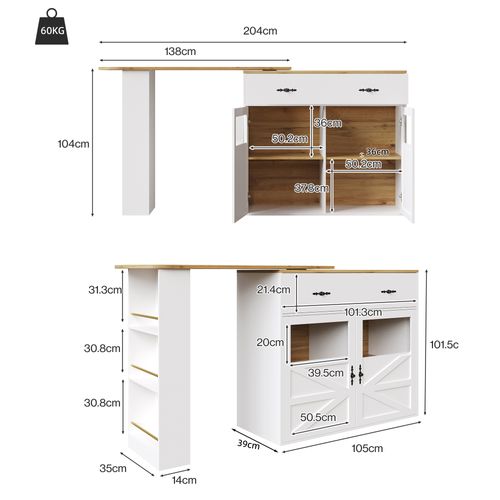 Table De Bar Extensible Blanc, Table à Manger Rotative à 360°, Buffet De Cuisine