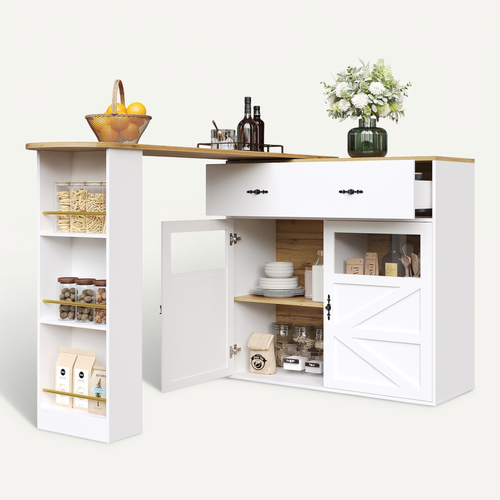 Table De Bar Extensible Blanc, Table à Manger Rotative à 360°, Buffet De Cuisine