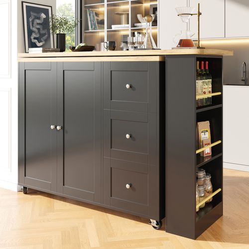 Meuble De Bar Avec Roulettes, Table De Bar Pivotante à 360°noir, 3 Tiroirs, Buffet De Cuisine