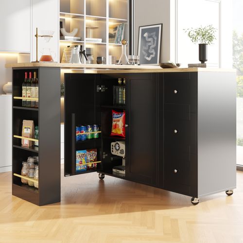 Meuble De Bar Avec Roulettes, Table De Bar Pivotante à 360°noir, 3 Tiroirs, Buffet De Cuisine