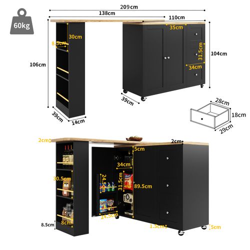 Meuble De Bar Avec Roulettes, Table De Bar Pivotante à 360°noir, 3 Tiroirs, Buffet De Cuisine