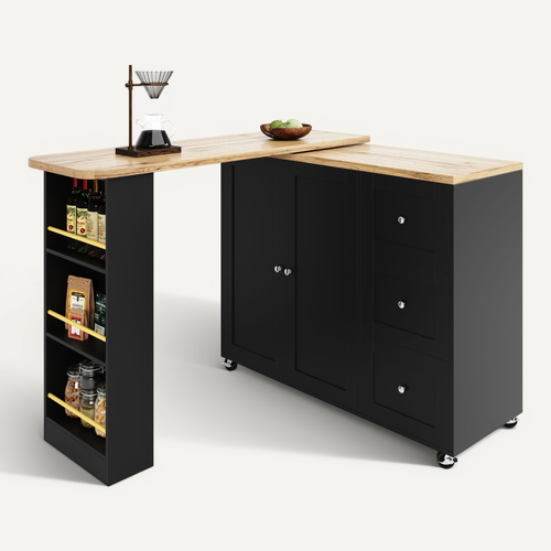 Meuble De Bar Avec Roulettes, Table De Bar Pivotante à 360°noir, 3 Tiroirs, Buffet De Cuisine