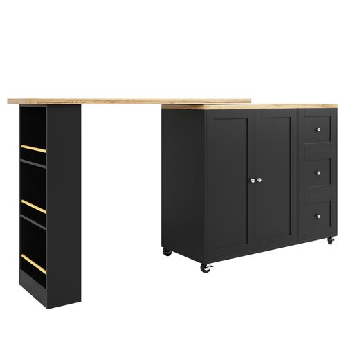 Meuble De Bar Avec Roulettes, Table De Bar Pivotante à 360°noir, 3 Tiroirs, Buffet De Cuisine