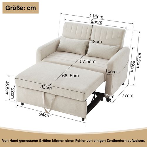 Canapé Double Pliant 114x77x82,5cm, 2 Coussins, Dossier Réglable 3 Positions, Beige