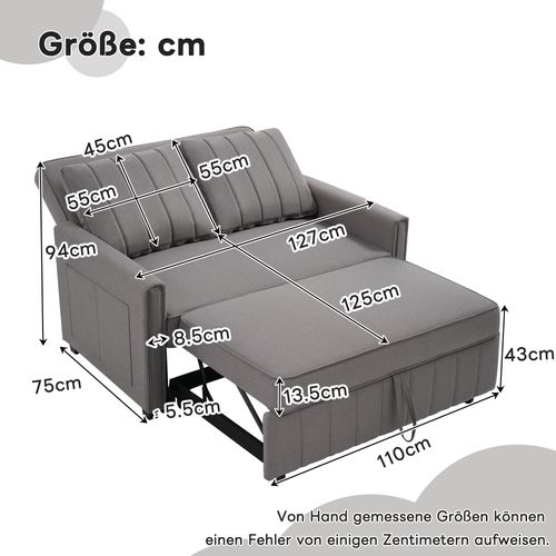 Canapé Double Pliant 127x75x94cm, Dossier Réglable, 2 Coussins, Gris Foncé