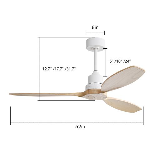 Ventilateur Plafond 52", Fines En Bois , Sans Lumière, Télécommande à 6 Vitesses,blanc