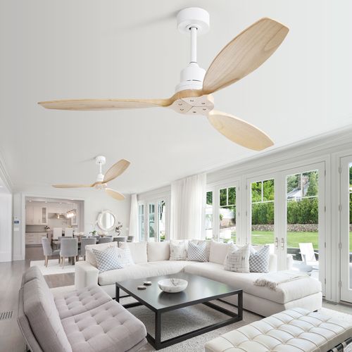 Ventilateur Plafond 52", Fines En Bois , Sans Lumière, Télécommande à 6 Vitesses,blanc
