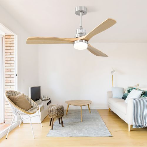Ventilateur Plafond 52", Télécommande à 6 Vitesses Lumière LED Tricolore Couleur Bois Naturel