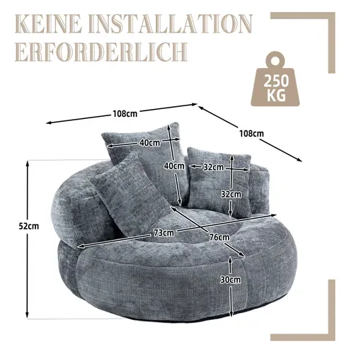 Fauteuil Fixe Poire Rond Avec Dossier Et 3 Coussins, Chenille, Gris