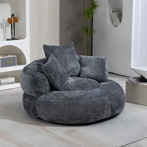 Fauteuil Fixe Poire Rond Avec Dossier Et 3 Coussins, Chenille, Gris