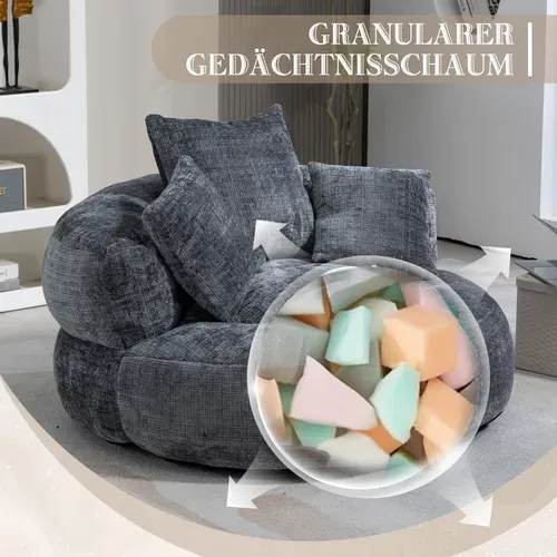 Fauteuil Fixe Poire Rond Avec Dossier Et 3 Coussins, Chenille, Gris