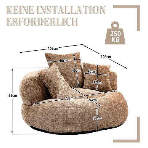 Fauteuil Poire à Dossier Haut 108 X 108 X 52 Cm, 3 Coussins, Couleur café
