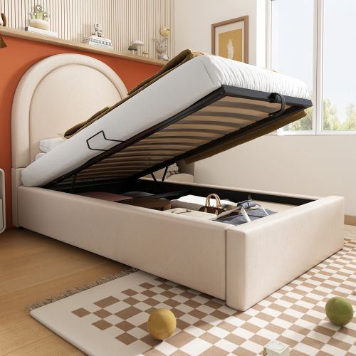 Lit Coffre 90x200 Cm, Lit Enfant, Sommier à Lattes, Velours, Beige