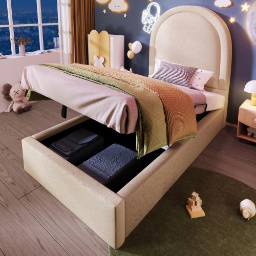 Lit Coffre 90x200 Cm, Lit Enfant, Sommier à Lattes, Velours, Beige