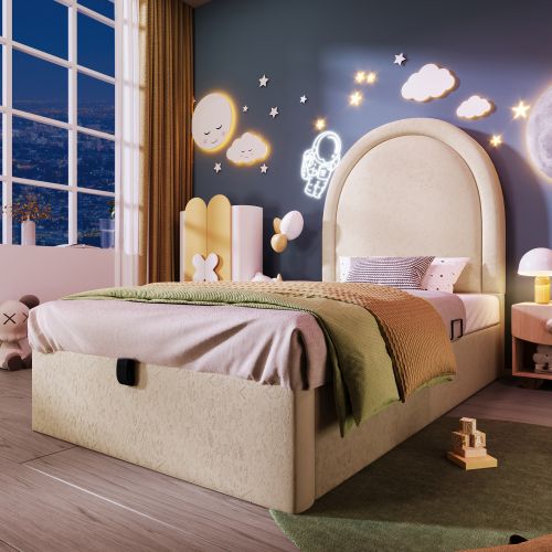 Lit Coffre 90x200 Cm, Lit Enfant, Sommier à Lattes, Velours, Beige