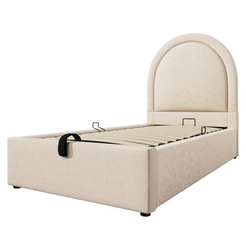 Lit Coffre 90x200 Cm, Lit Enfant, Sommier à Lattes, Velours, Beige