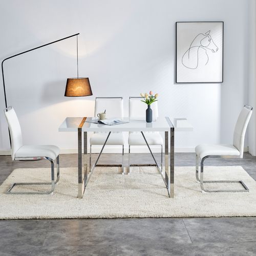 Lot De 2 Chaise De Salle à Manger Blanc Avec Dossiers En Pu Et Lin, Cadre En Métal