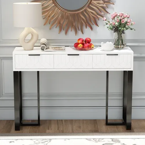 Table Console Avec 3 Tiroirs Blanc Et Noir, Pieds Réglables Et Poignées, 120x36x80cm