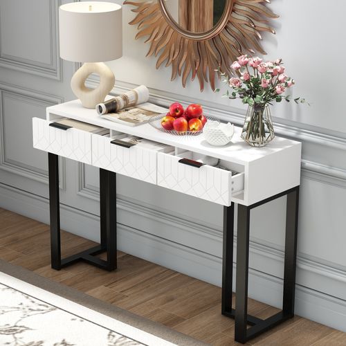 Table Console Avec 3 Tiroirs Blanc Et Noir, Pieds Réglables Et Poignées, 120x36x80cm