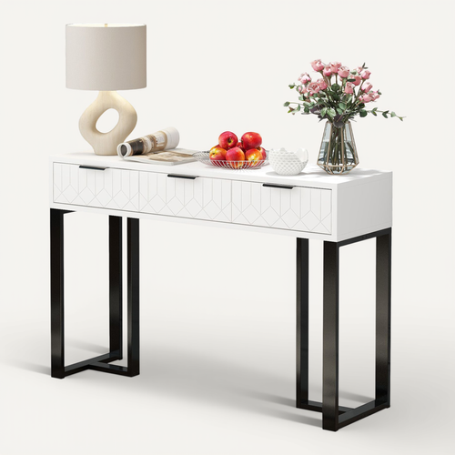 Table Console Avec 3 Tiroirs Blanc Et Noir, Pieds Réglables Et Poignées, 120x36x80cm