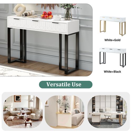 Table Console Avec 3 Tiroirs Blanc Et Noir, Pieds Réglables Et Poignées, 120x36x80cm