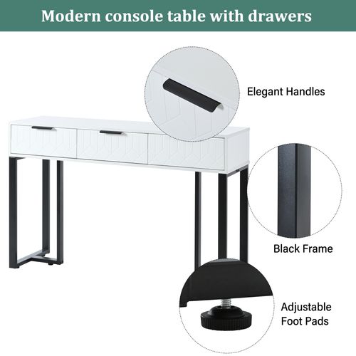 Table Console Avec 3 Tiroirs Blanc Et Noir, Pieds Réglables Et Poignées, 120x36x80cm