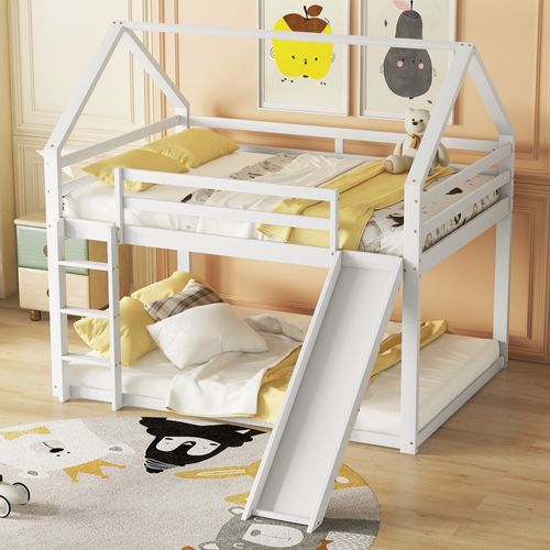 Lit Superposé Cabane 140x200 Cm Avec Toboggan Et Échelle, 1 Sommier, Bois, Blanc