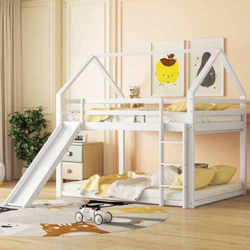 Lit Superposé Cabane 140x200 Cm Avec Toboggan Et Échelle, 1 Sommier, Bois, Blanc