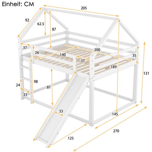 Lit Superposé Cabane 140x200 Cm Avec Toboggan Et Échelle, 1 Sommier, Bois, Blanc