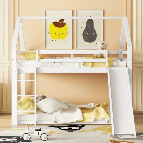 Lit Superposé Cabane 140x200 Cm Avec Toboggan Et Échelle, 1 Sommier, Bois, Blanc