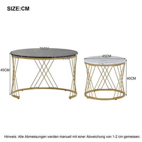 YITAHOME Lot De 2 Tables Basses Rondes Gigognes Blanches Et Dorées - Design Moderne Salon