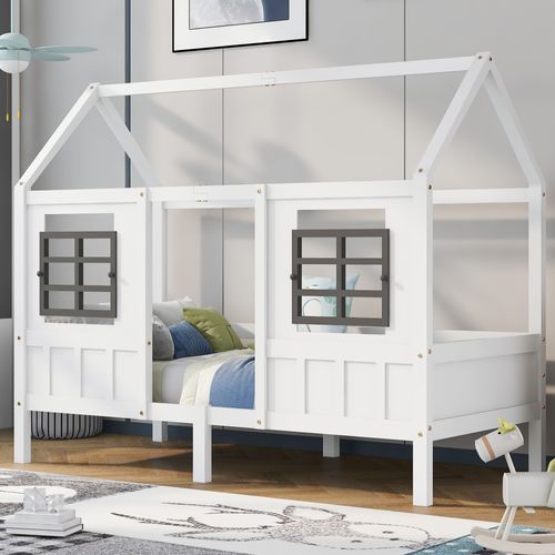 Lit Cabane, Lit Simple, Lit De Repos, Lit Enfant Avec 2 Fenêtres, Cadre En Pin, Mdf, Blanc 200x90cm