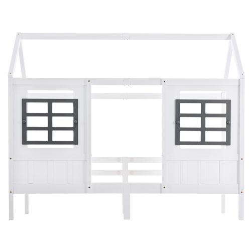 Lit Cabane, Lit Simple, Lit De Repos, Lit Enfant Avec 2 Fenêtres, Cadre En Pin, Mdf, Blanc 200x90cm