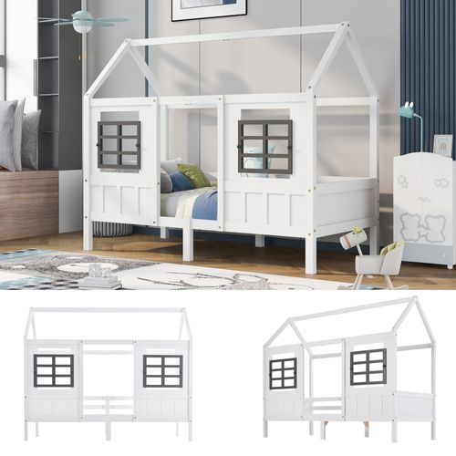 Lit Cabane, Lit Simple, Lit De Repos, Lit Enfant Avec 2 Fenêtres, Cadre En Pin, Mdf, Blanc 200x90cm