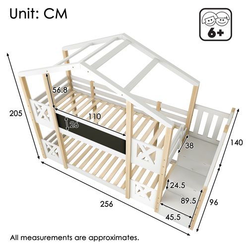 Lit Superposé Cabane 90x200cm Avec Escalier De Rangement Et Sommiers, Bois, Naturel Et Blanc