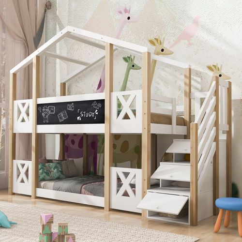 Lit Superposé Cabane 90x200cm Avec Escalier De Rangement Et Sommiers, Bois, Naturel Et Blanc