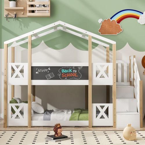 Lit Superposé Cabane 90x200cm Avec Escalier De Rangement Et Sommiers, Bois, Naturel Et Blanc