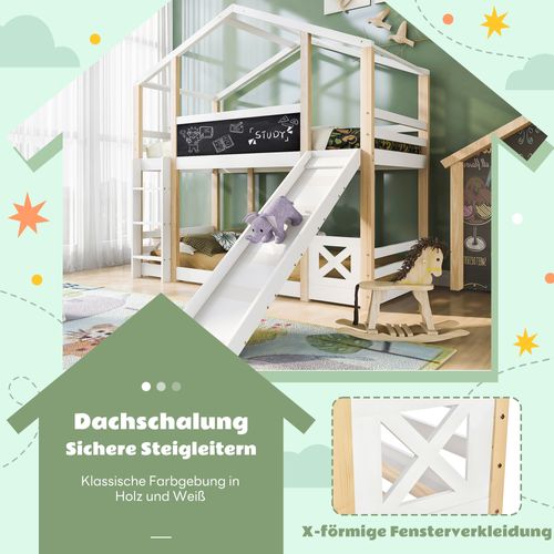 Lit Superposé Enfant 90x200cm Avec Toboggan Et Échelle, En Bois, Naturel Et Blanc