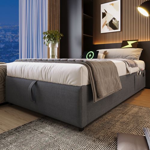 Lit Enfant Coffre 90x200 Cm – Système Hydraulique, Rangement Intégré, Bord Relevé Souple – Velours Gris, Charge 150 Kg - 9