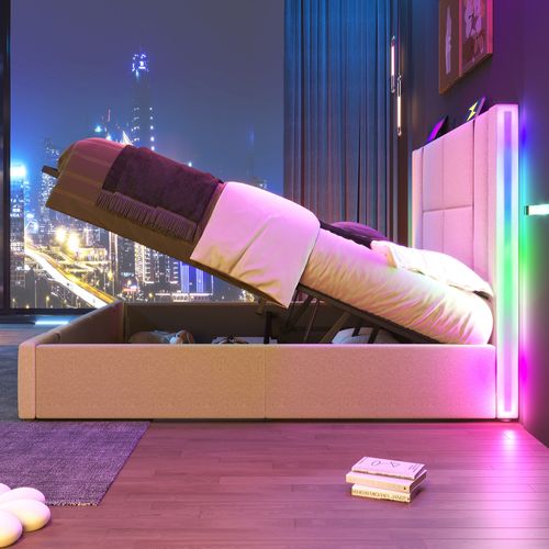 Lit Coffre Adulte 180x200cm En Lin Beige, Lit Double Avec LED, USB,type-c Et Minuteur, Sommier