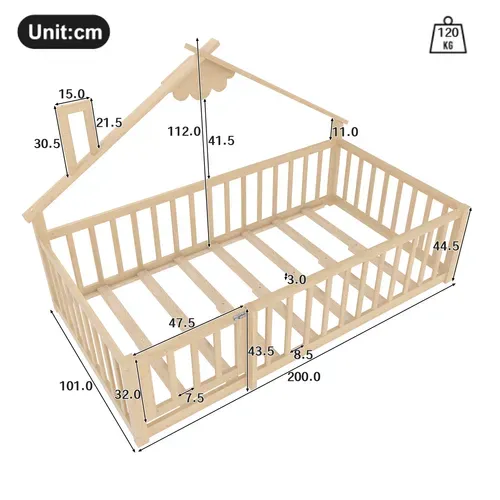 Lit Cabane Enfant 90x190cm Avec Sommier, Barrières Et Petite Porte, Lit Au Sol, Pin, Naturel