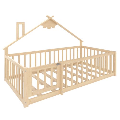 Lit Cabane Enfant 90x190cm Avec Sommier, Barrières Et Petite Porte, Lit Au Sol, Pin, Naturel