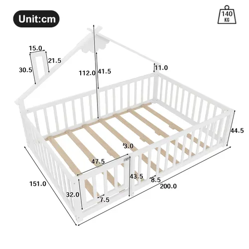 Lit Cabane Enfant 140x190cm Avec Sommier, Barrières Et Petite Porte, Lit Double Au Sol, Pin, Blanc