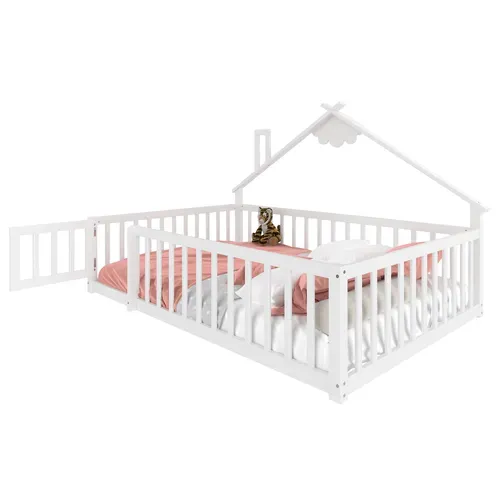 Lit Cabane Enfant 140x190cm Avec Sommier, Barrières Et Petite Porte, Lit Double Au Sol, Pin, Blanc