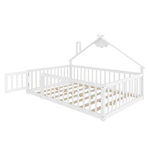 Lit Cabane Enfant 140x190cm Avec Sommier, Barrières Et Petite Porte, Lit Double Au Sol, Pin, Blanc