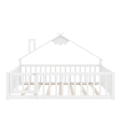 Lit Cabane Enfant 140x190cm Avec Sommier, Barrières Et Petite Porte, Lit Double Au Sol, Pin, Blanc