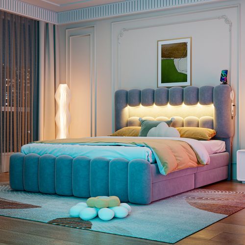 Lit Adulte 160x200 Cm En Tissu Velours Avec 4 Tiroirs De Rangement, LED+usb+enceinte, Gris